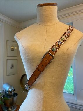 Leather Belt with Multicolor Beaded Detail - Brown Size XL Wounded Bird